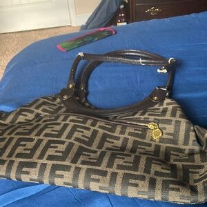 Fendi Brown Logo-Pattern Canvas Tote with Dark Brown handles age